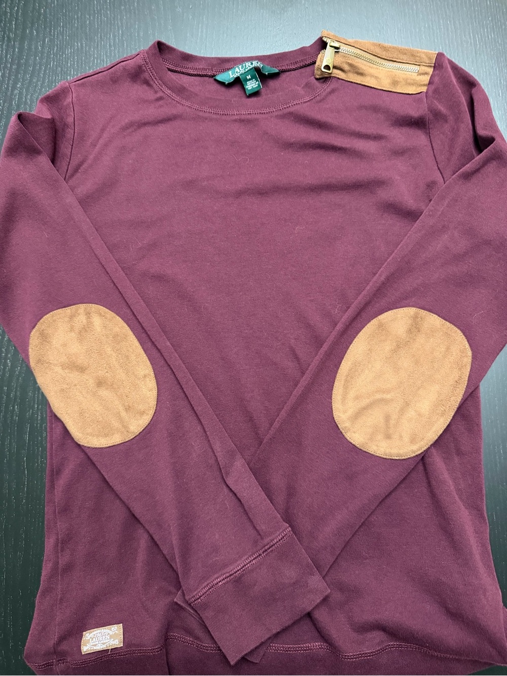 Lauren Ralph Lauren Burgundy Long-Sleeve with Tan Elbow Patches and Shoulder Zip
